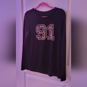 Black Knit Sweater Crew Neck Top with Leopard Print '91' Size L